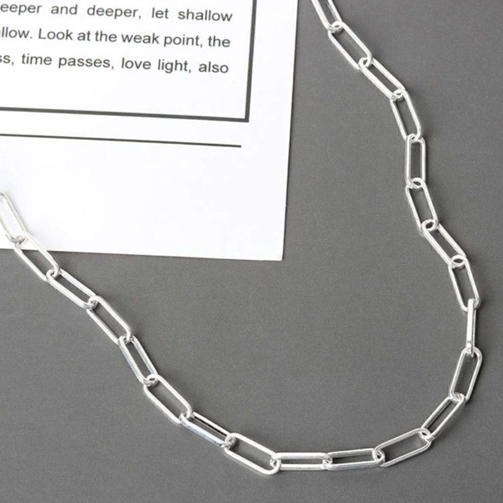 Silver Paperclip Chain Link Choker Necklace 925 Stamped - Picture 3 of 7